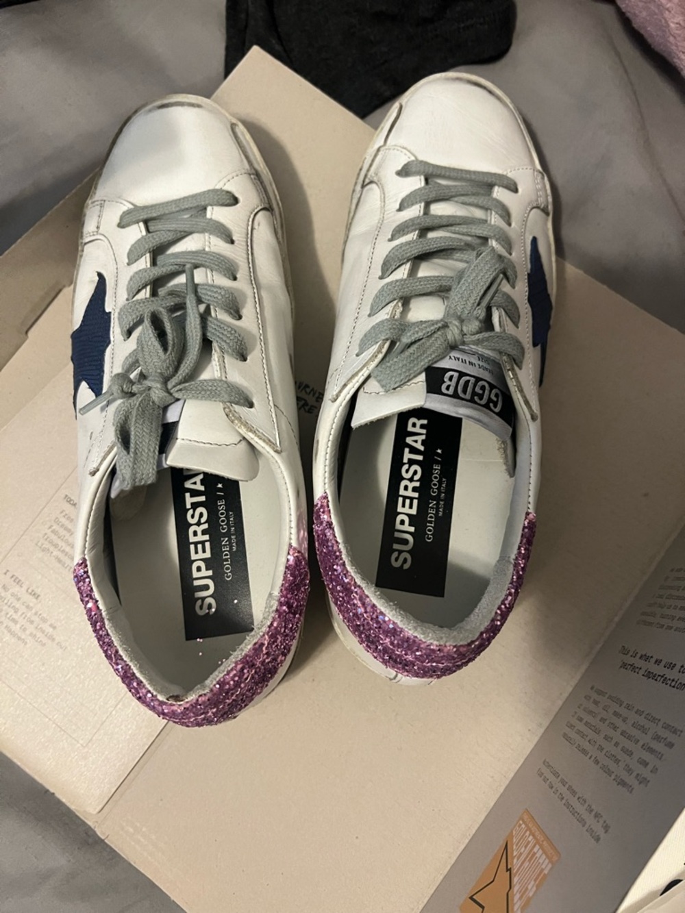 Golden Goose White Sneakers with Pink Glitter Heel and Navy Star